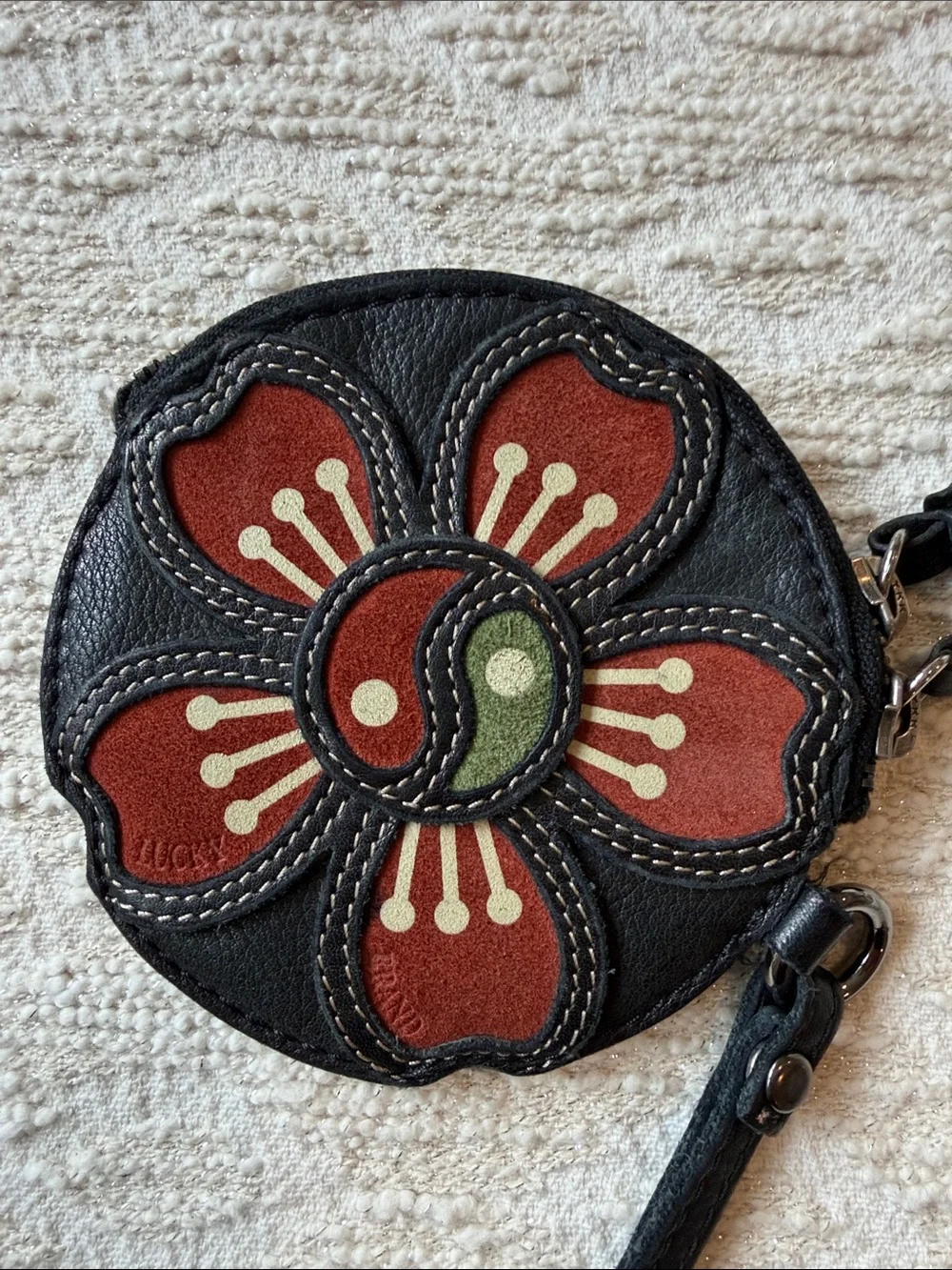 Lucky Brand Leather Boho Floral Appliqué Round Coin /Wristlet Purse